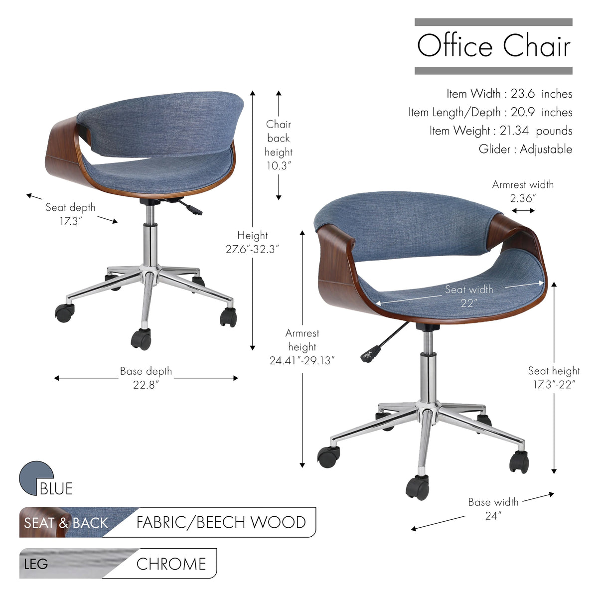 Blue Upholstered Adjustable Office Chair K304