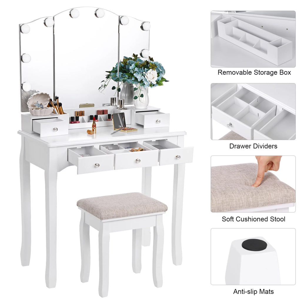 White Vanity Set with Lighted Tri-Folding Mirror 5 Drawers and Stool W261825