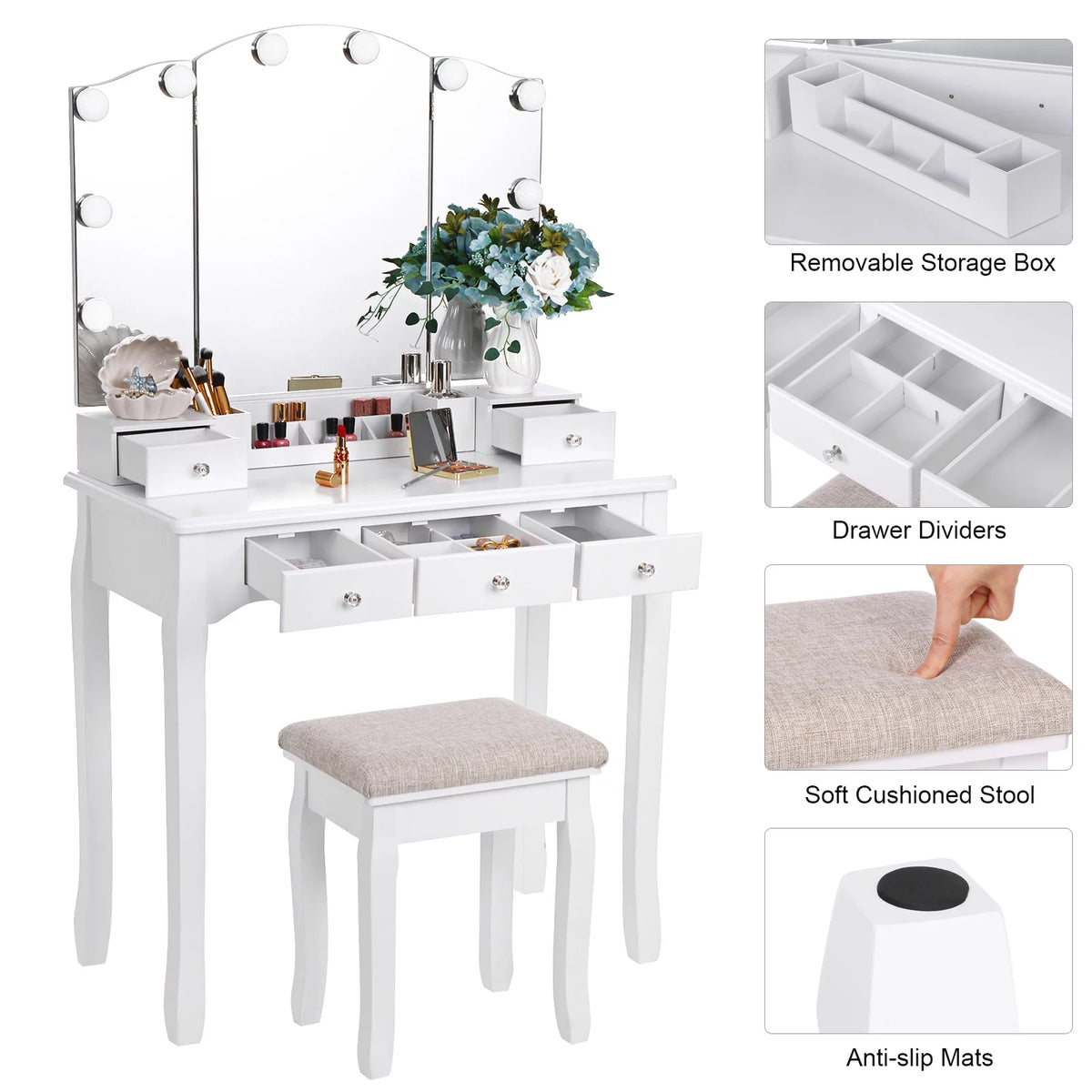 White Vanity Set with Lighted Tri-Folding Mirror 5 Drawers and Stool W261825