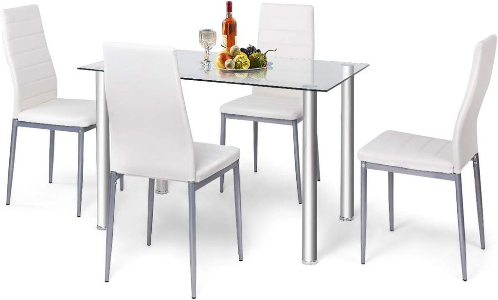 Glass Top Dining Table Set of 4 with PVC Leather Chairs V806