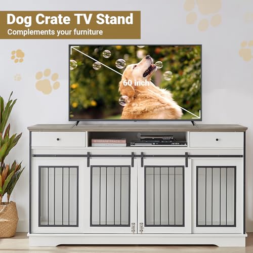 75'' Double Dog Crate Furniture with Double Door Grey C53217