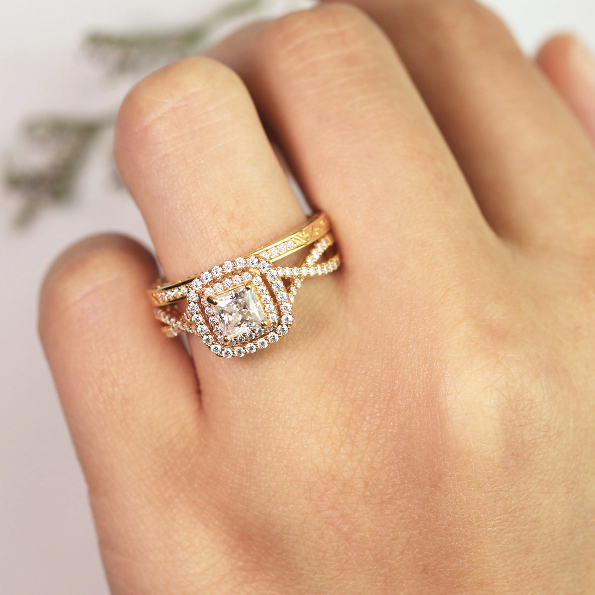 1.25 ct Square Moissanite Double Halo Wedding Ring Set in Yellow Gold over Silver J197398