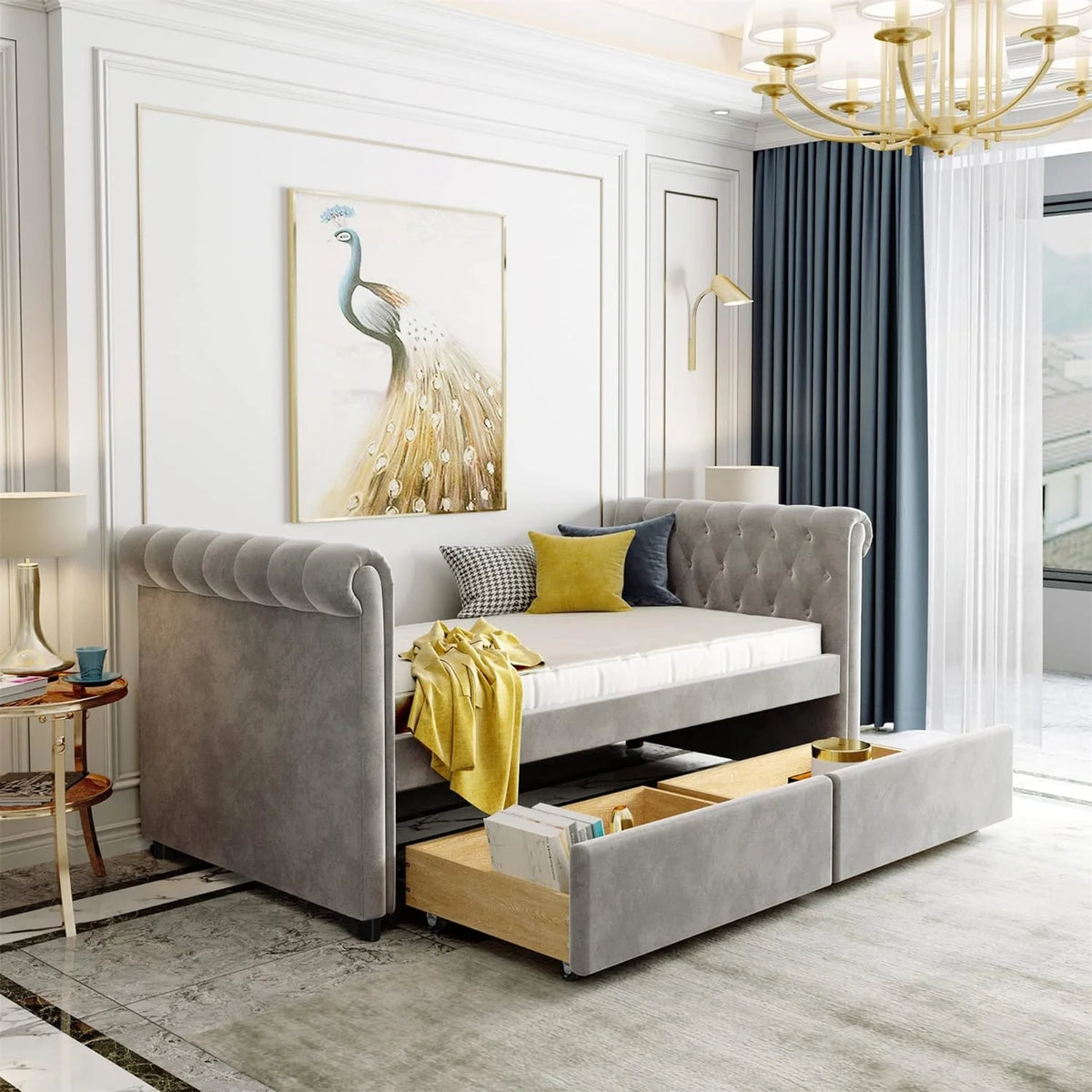 Grey Upholstered Daybed with Storage Drawers D85728
