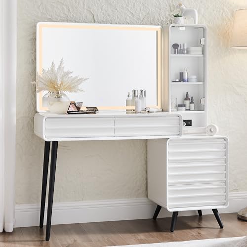 48" Glass Top Makeup Vanity Desk with Lighted Mirror and 5 Drawers K2937