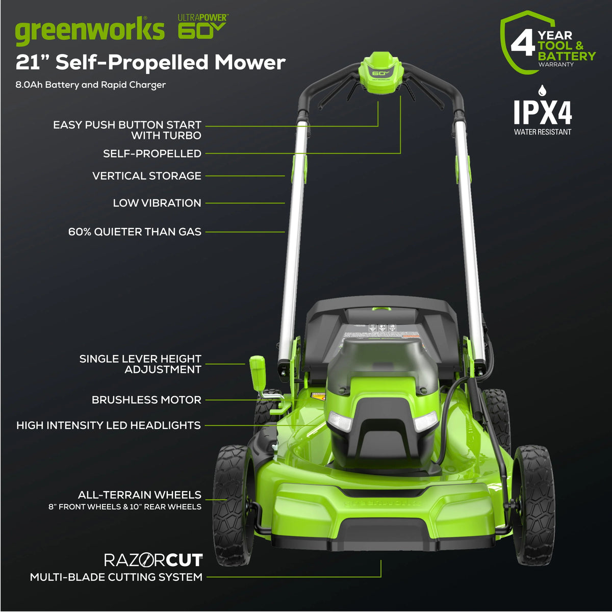 60V 21 Self Propelled Lawn Mower with 8.0 Ah Battery & Rapid Charger V552059